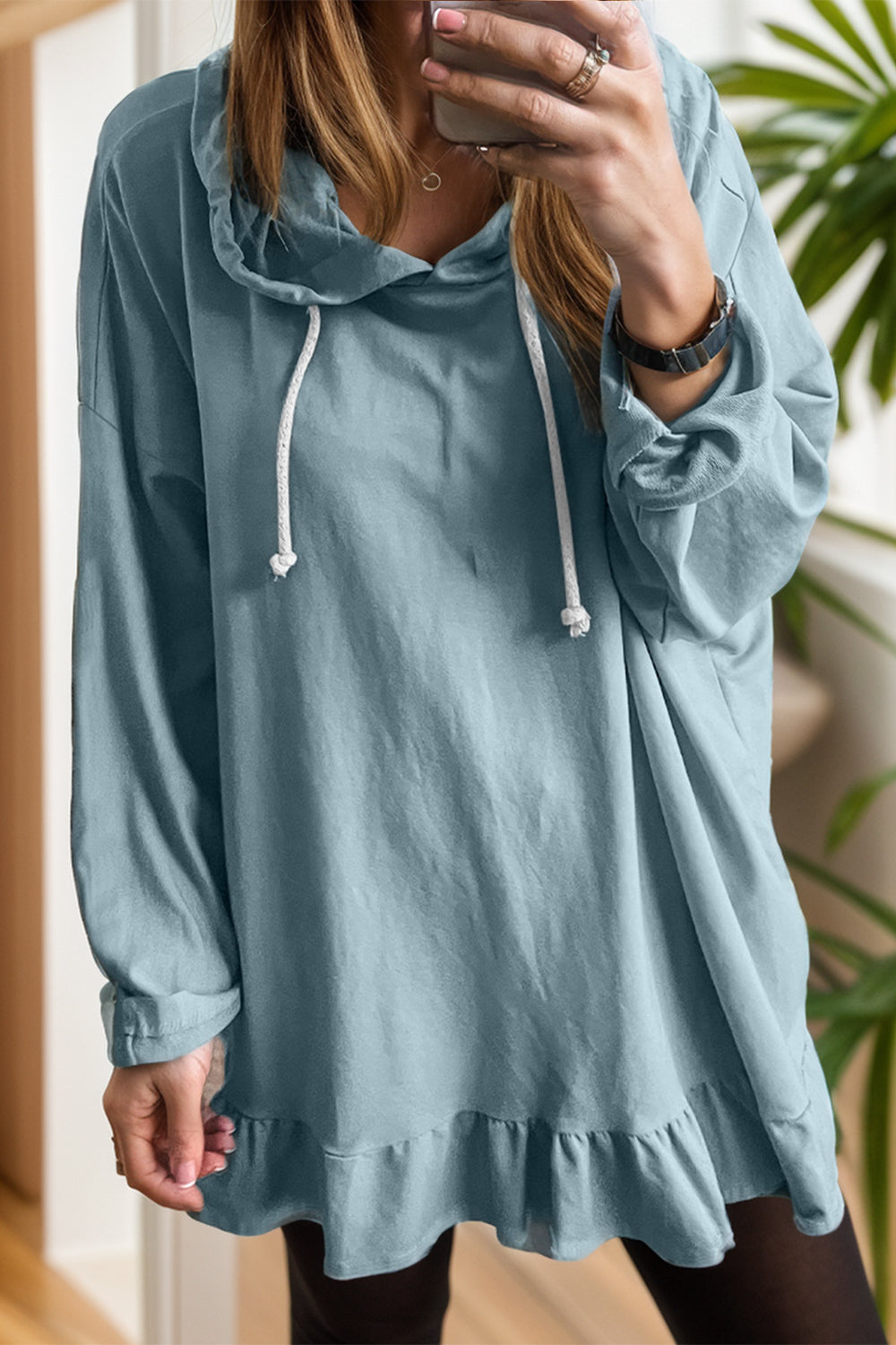 Drawstring Ruffled Dropped Shoulder Long Sleeve Hoodie - T - 1 COLOR -