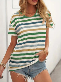 Thumbnail for Striped Round Neck Short Sleeve T-Shirt - T - 2 COLORS -