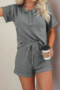 Thumbnail for Waffle-Knit Short Sleeve Top and Shorts Lounge Set - 2 PCS. - T - 1 COLOR -