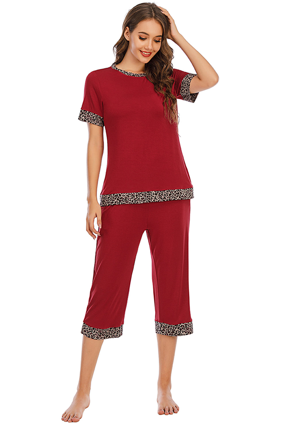 Round Neck Short Sleeve Top and Capris Pants Lounge Set - 2 PCS. - T - 3 COLORS -