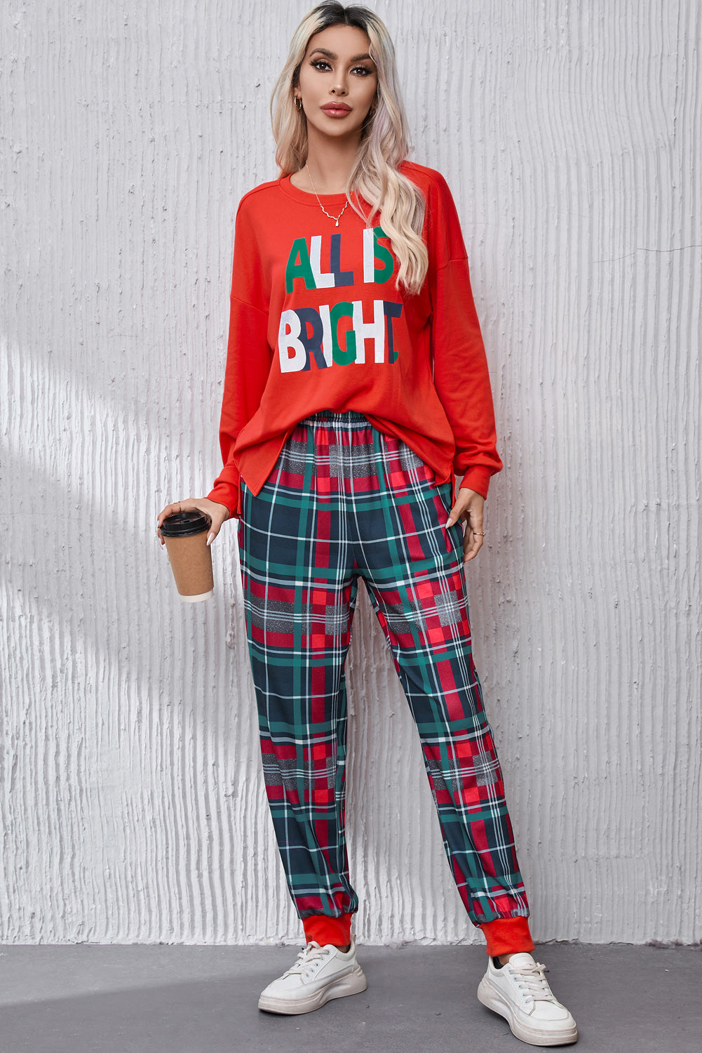 ALL IS BRIGHT Round Neck Top and Plaid Pants Lounge Set - T - 1 COLOR -