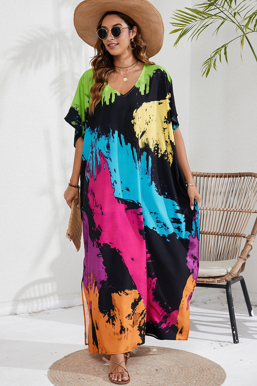 Slit Printed V-Neck Short Sleeve Cover Up - 1 SIZE FITS ALL - T - 12 COLORS/PATTERNS -