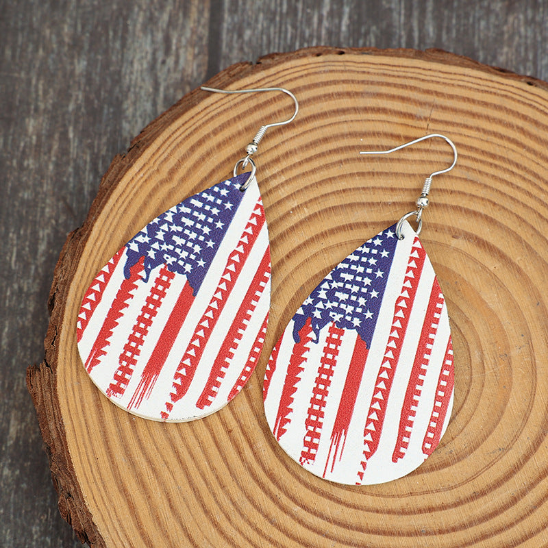 PU Leather US Flag Teardrop Shape Earrings - T -