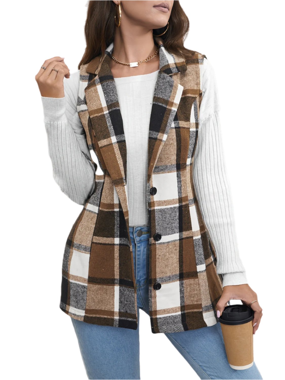 Plaid Button Down Vest Jacket - T - 1 COLOR -