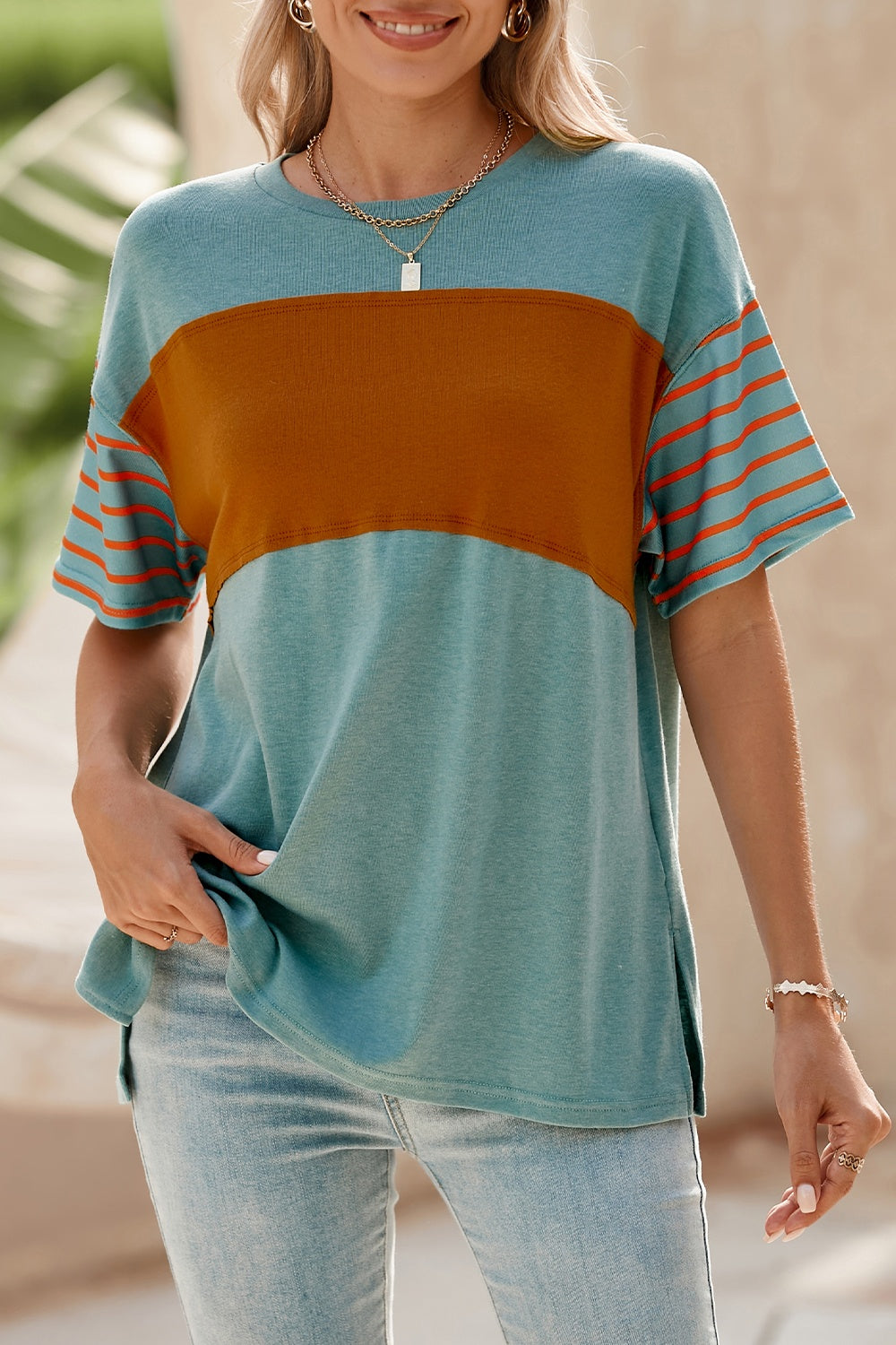 Striped Round Neck Short Sleeve T-Shirt - T - 6 COLORS -