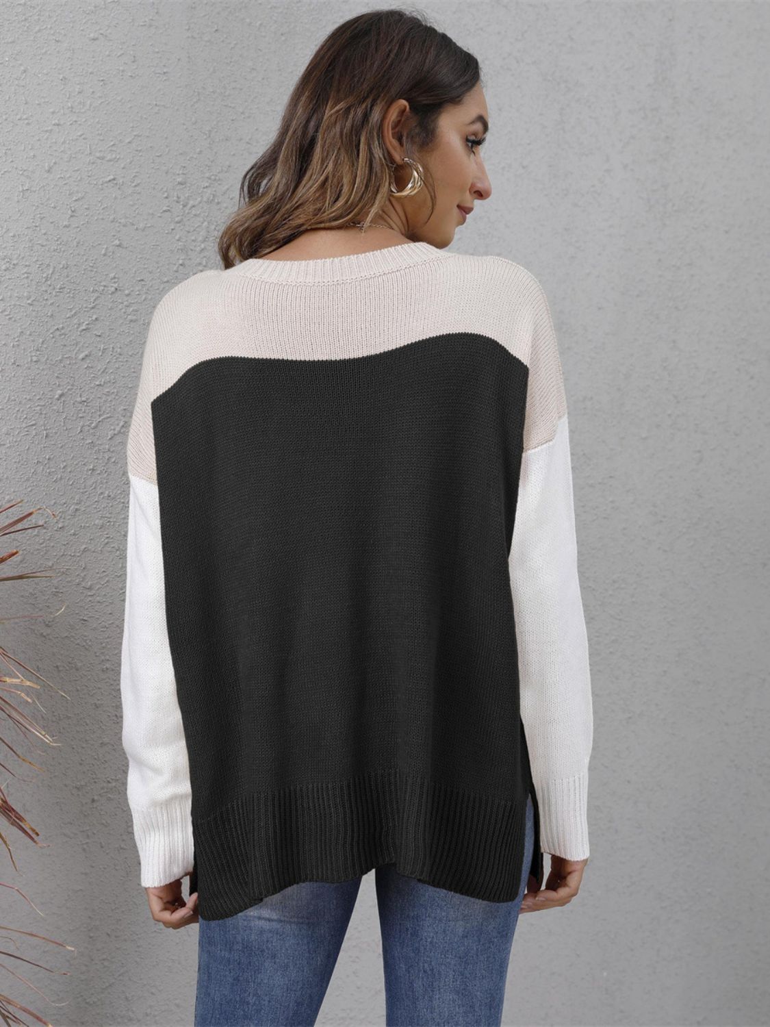 Color Block Round Neck Sweater - T - 3 COLORS -