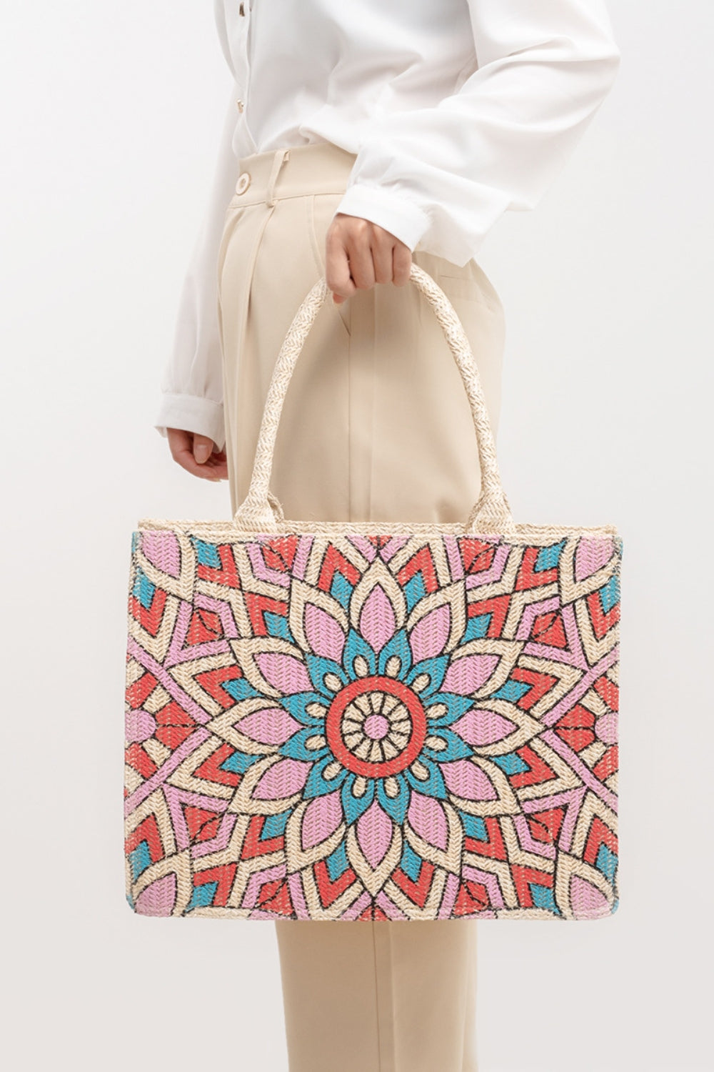 Flower Straw Weave Tote Bag - T - 2 COLORS -