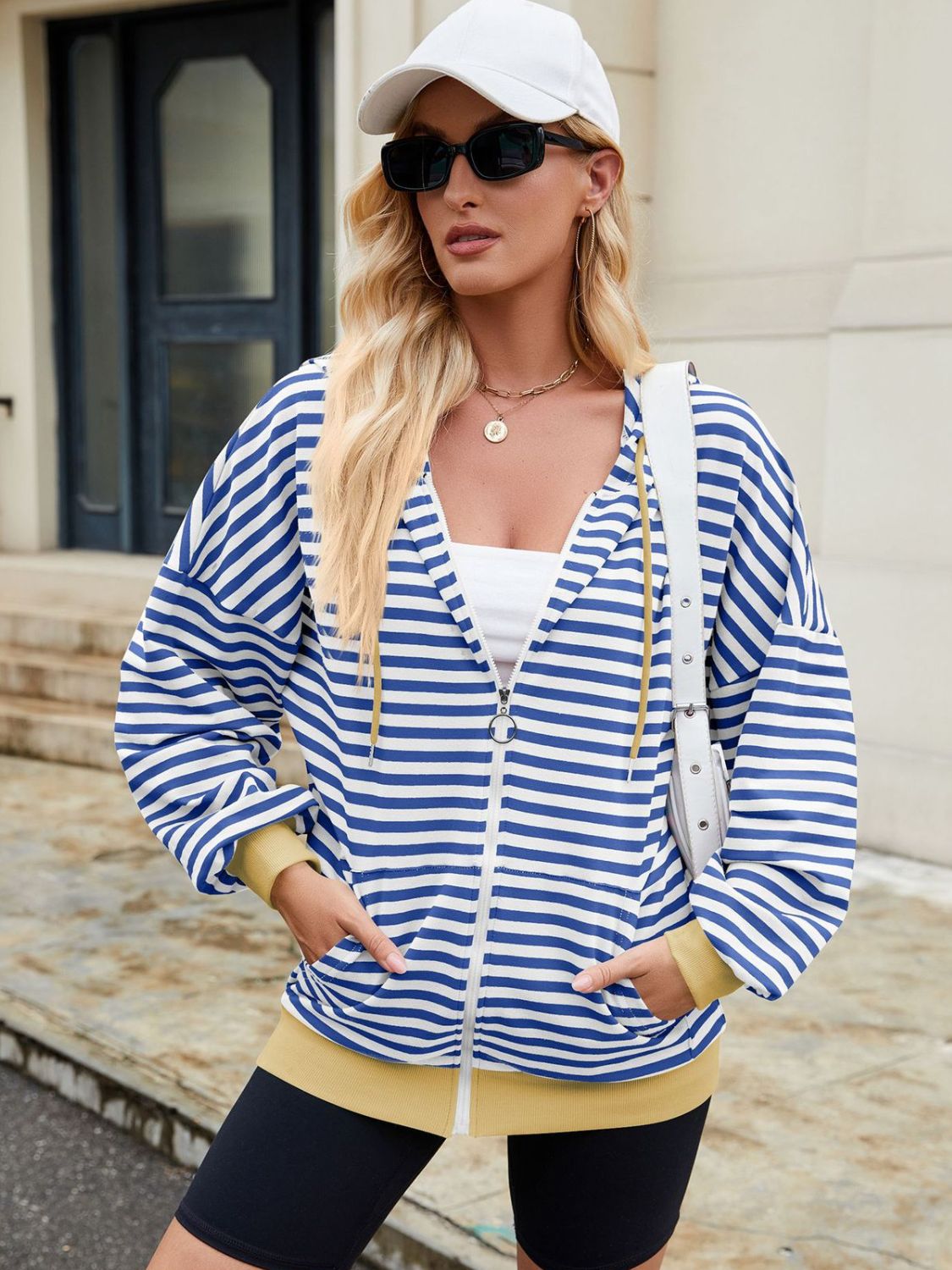 Drawstring Striped Zip Up Long Sleeve Hoodie - T - 4 COLORS -