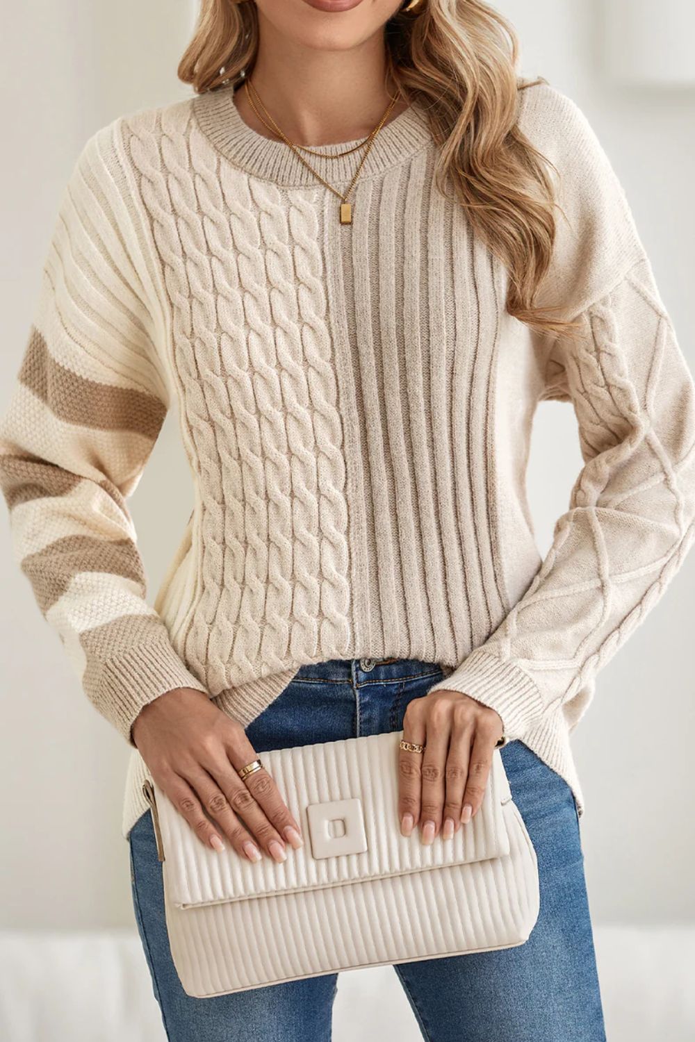 Cable-Knit Color Block Round Neck Sweater - T - 1 COLOR -