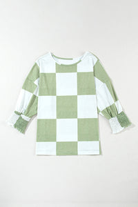 Thumbnail for Checkered Round Neck Lantern Sleeve Top