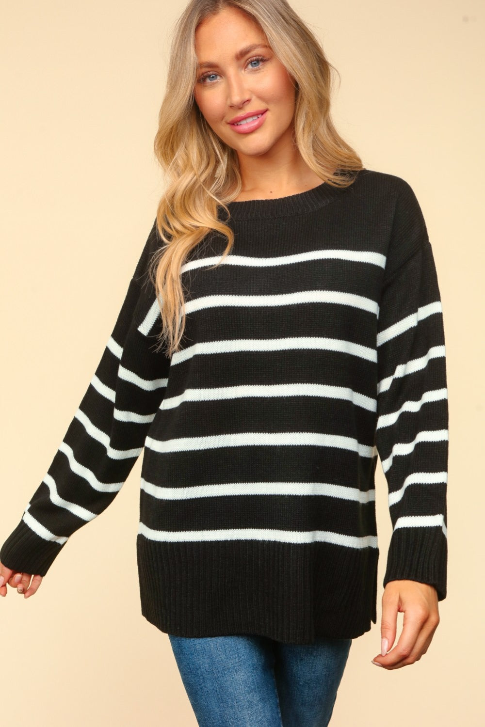 Haptics Full Size Striped Contrast Side Slit Sweater - T - 1 COLOR -