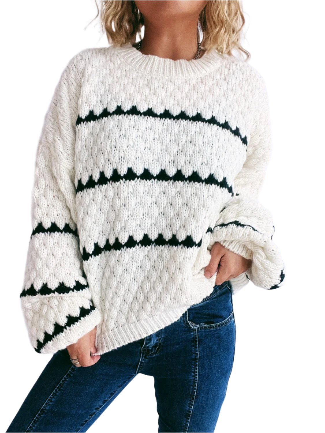 Contrast Stripes Round Neck Long Sleeve Sweater - T - 2 COLORS -