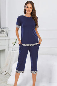 Thumbnail for Round Neck Short Sleeve Top and Capris Pants Lounge Set - 2 PCS. - T - 3 COLORS -