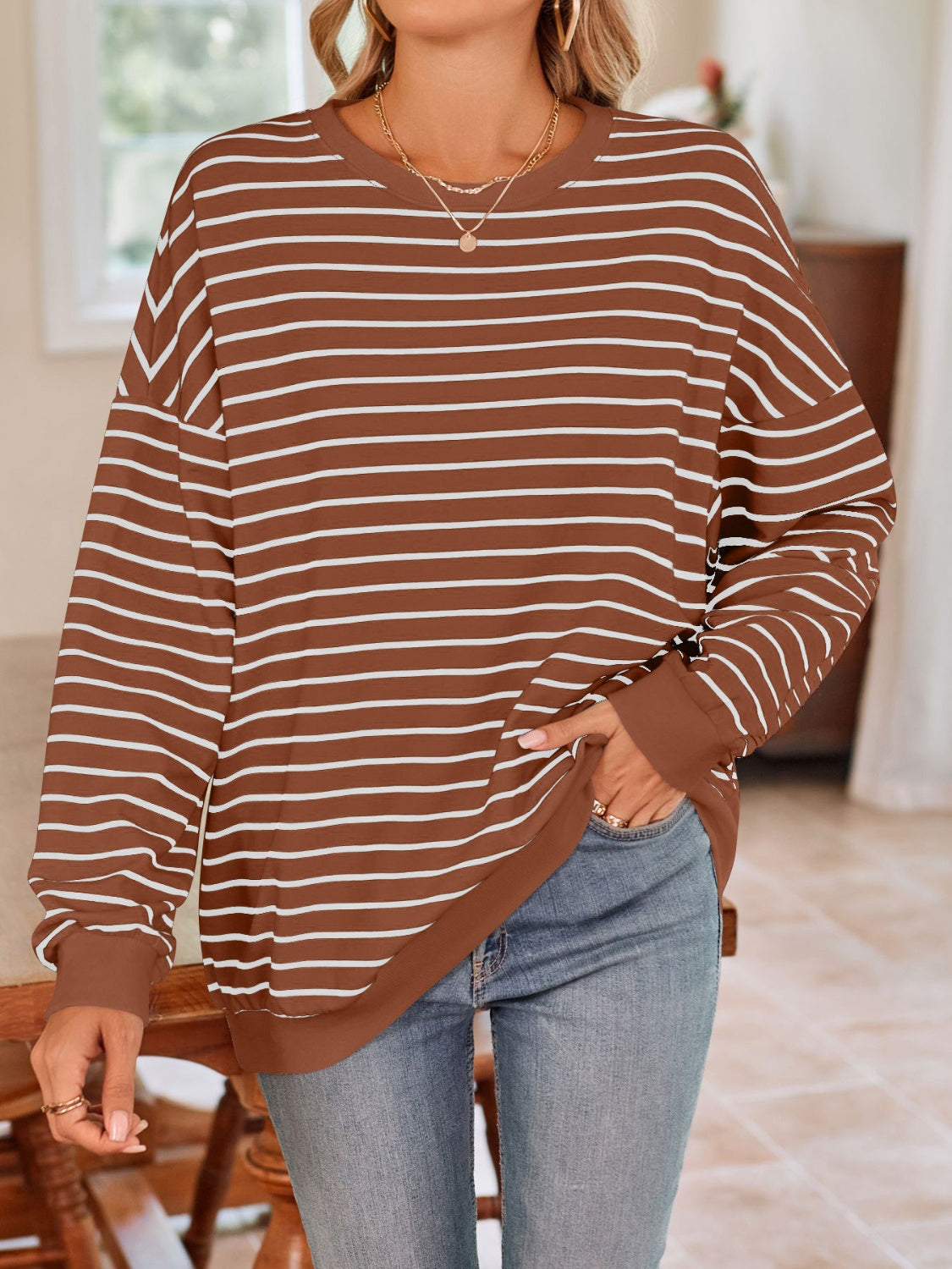 Striped Round Neck Long Sleeve Sweatshirt - T - 6 COLORS -