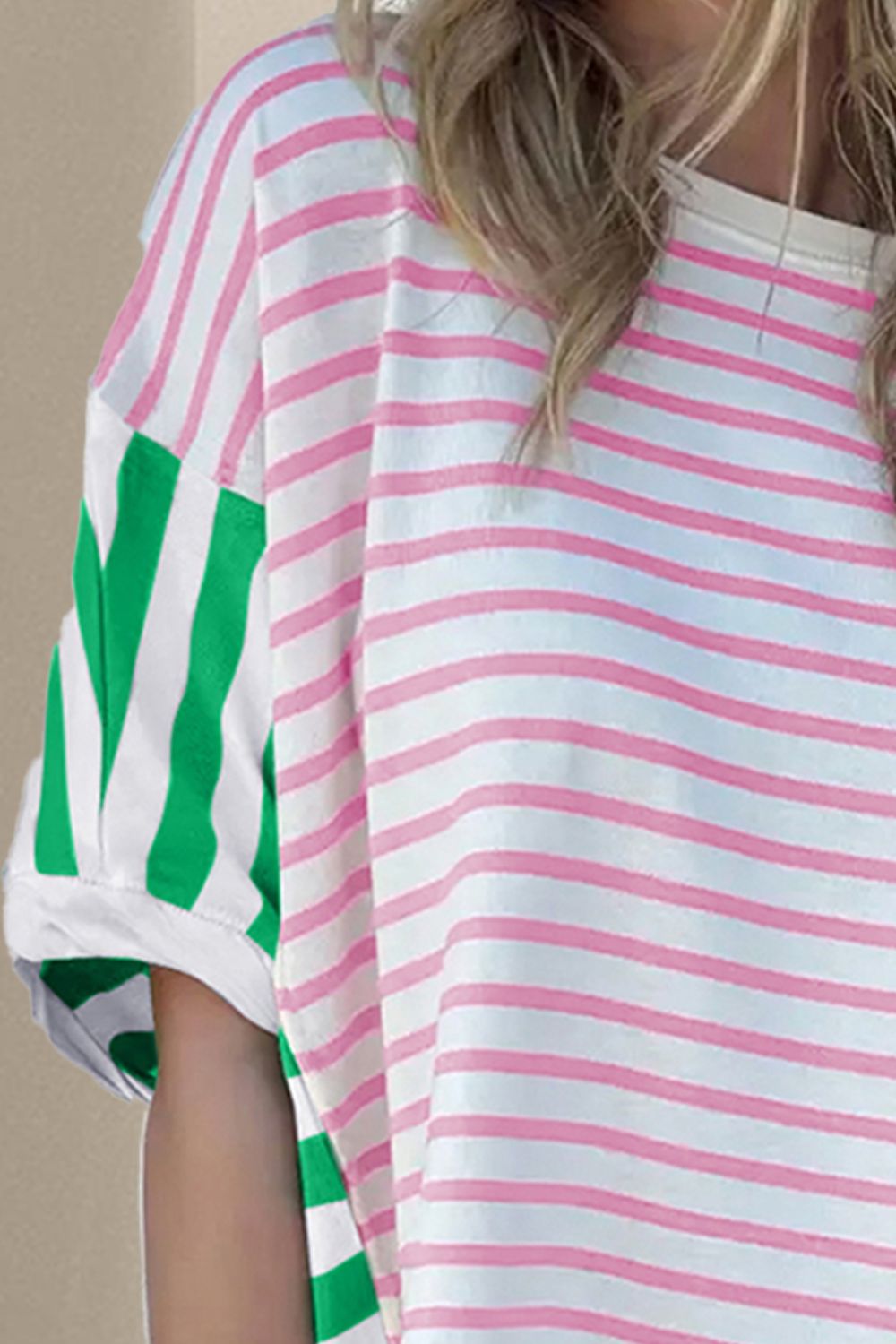 Striped Round Neck Dropped Shoulder T-Shirt - T - 1 COLOR -