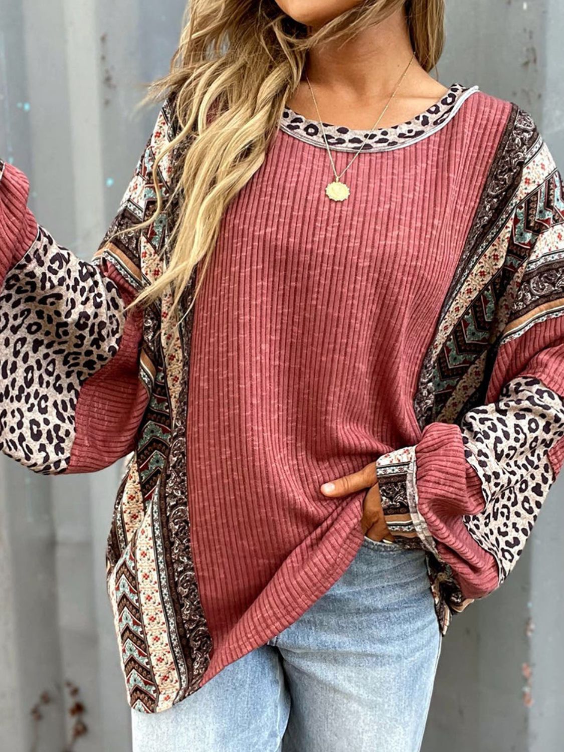 Leopard Round Neck Long Sleeve Sweatshirt - T - 2 COLORS -