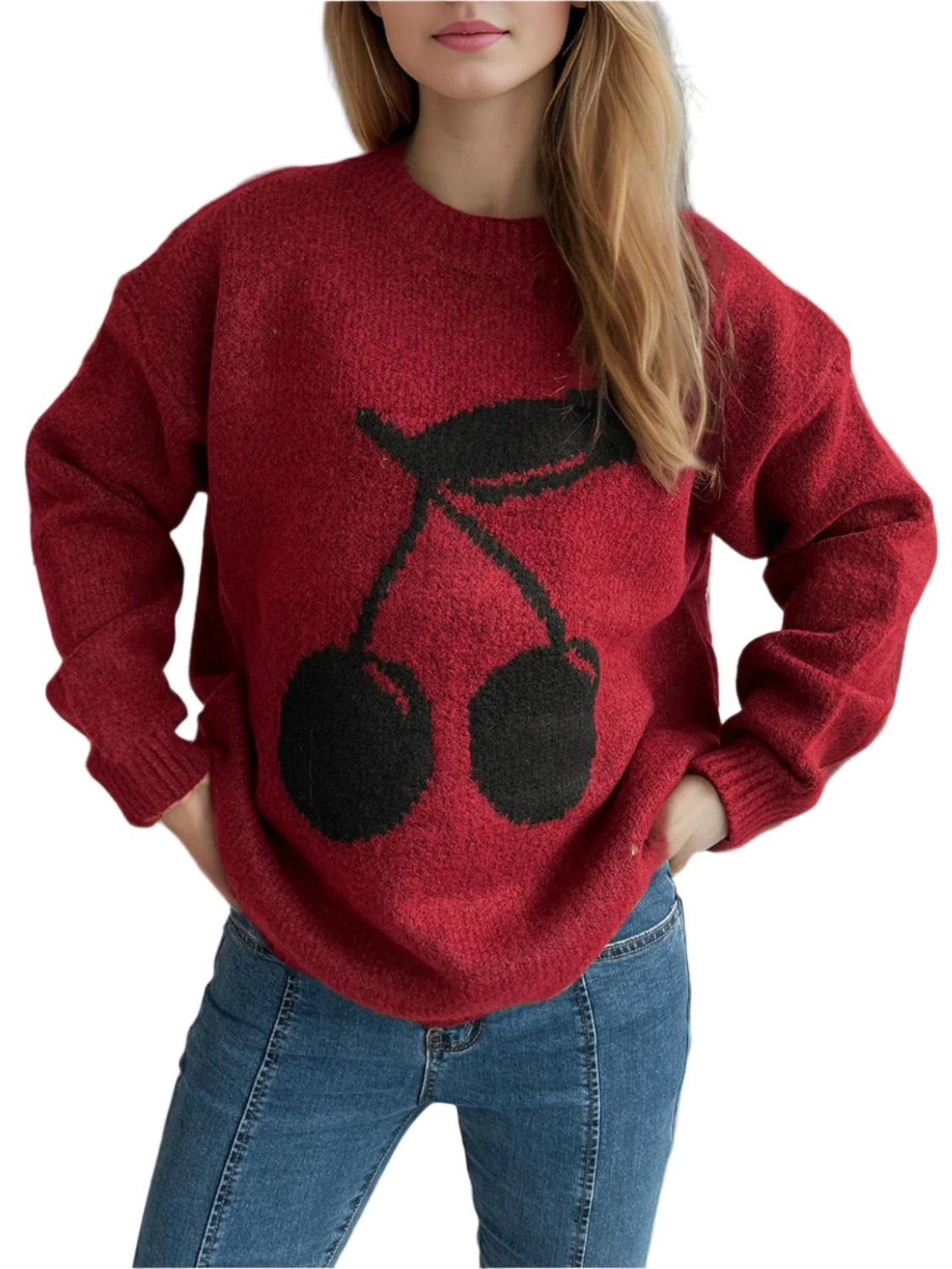 Cherry Round Neck Long Sleeve Sweater - 1 OVERSIZE - T - 3 COLORS -