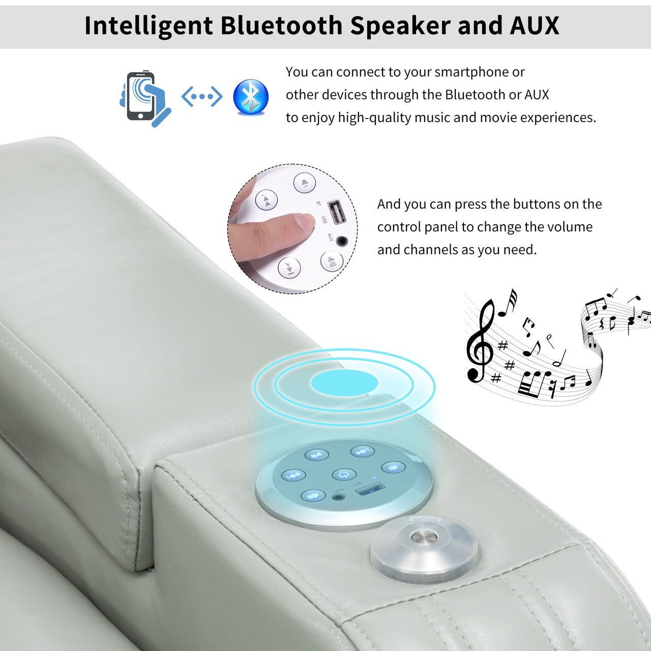 PU Leather Power Recliner Individual Seat Home Theater Recliner With Cooling Cup Holder, Bluetooth Speaker, LED Lights,