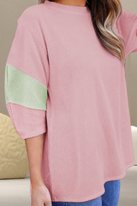 Thumbnail for Color Block Round Neck Three-Quarter Sleeve Blouse - T - 2 COLORS -