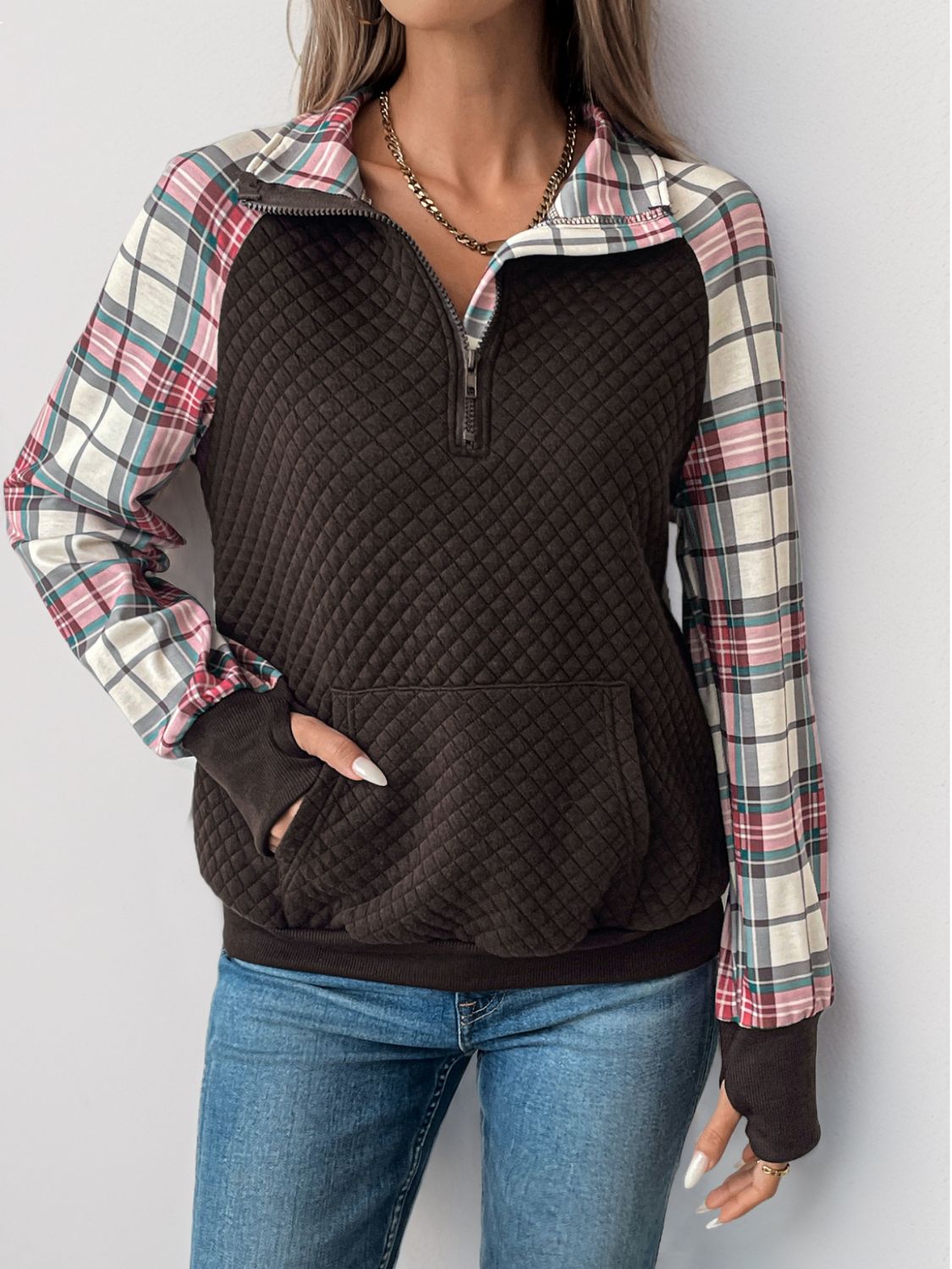 Perfee Plaid Half Zip Long Sleeve Sweatshirt - T - 1 COLOR -