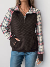 Thumbnail for Perfee Plaid Half Zip Long Sleeve Sweatshirt - T - 1 COLOR -