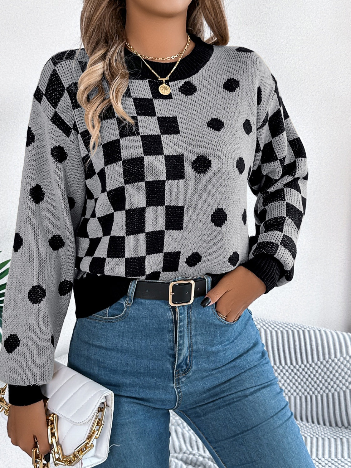 Plaid Round Neck Long Sleeve Sweater - T - 3 COLORS -