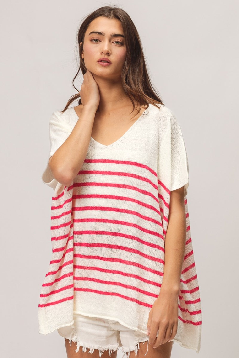 BiBi V Neck Striped Short Sleeve Top - Beach or Everyday - T - 1 COLOR -