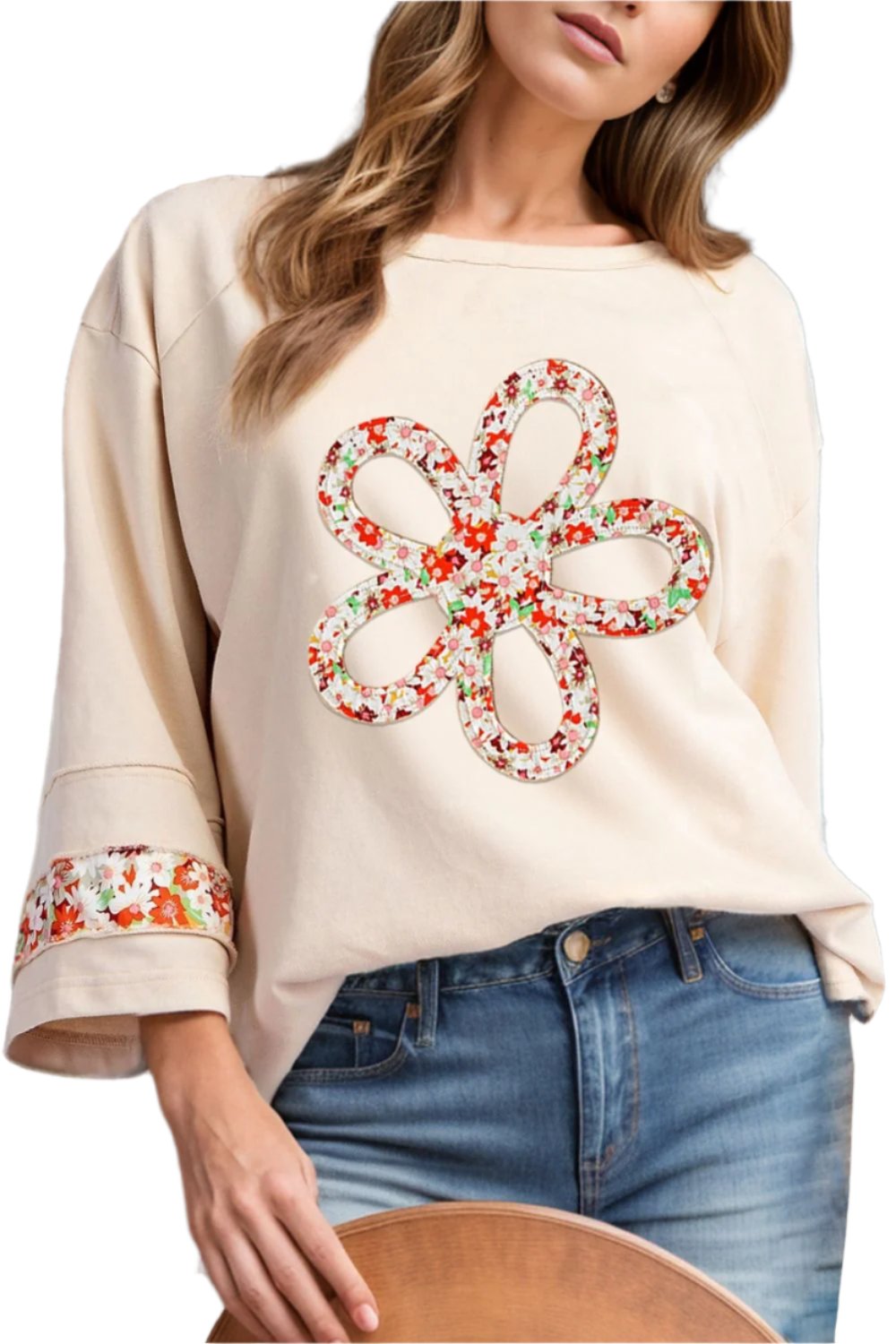 Exposed Seam Slit Floral Round Neck Blouse -T - 2 COLORS -