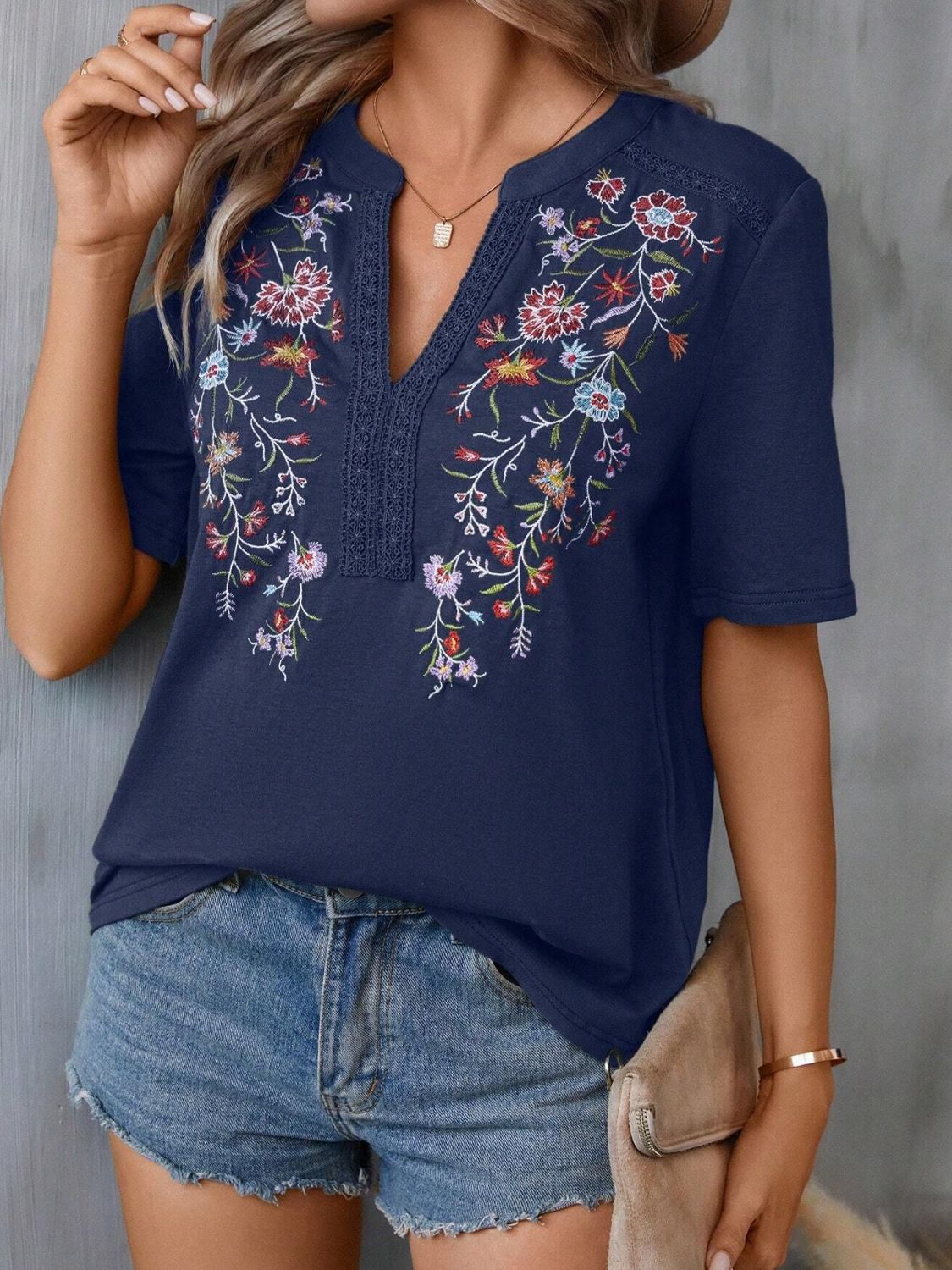 Embroidered Notched Short Sleeve T-Shirt - T - 5 COLORS -