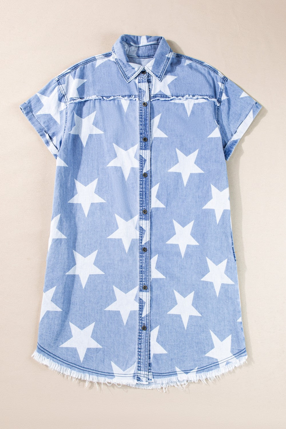 Raw Hem Star Short Sleeve Denim Dress - T - 1 COLOR -