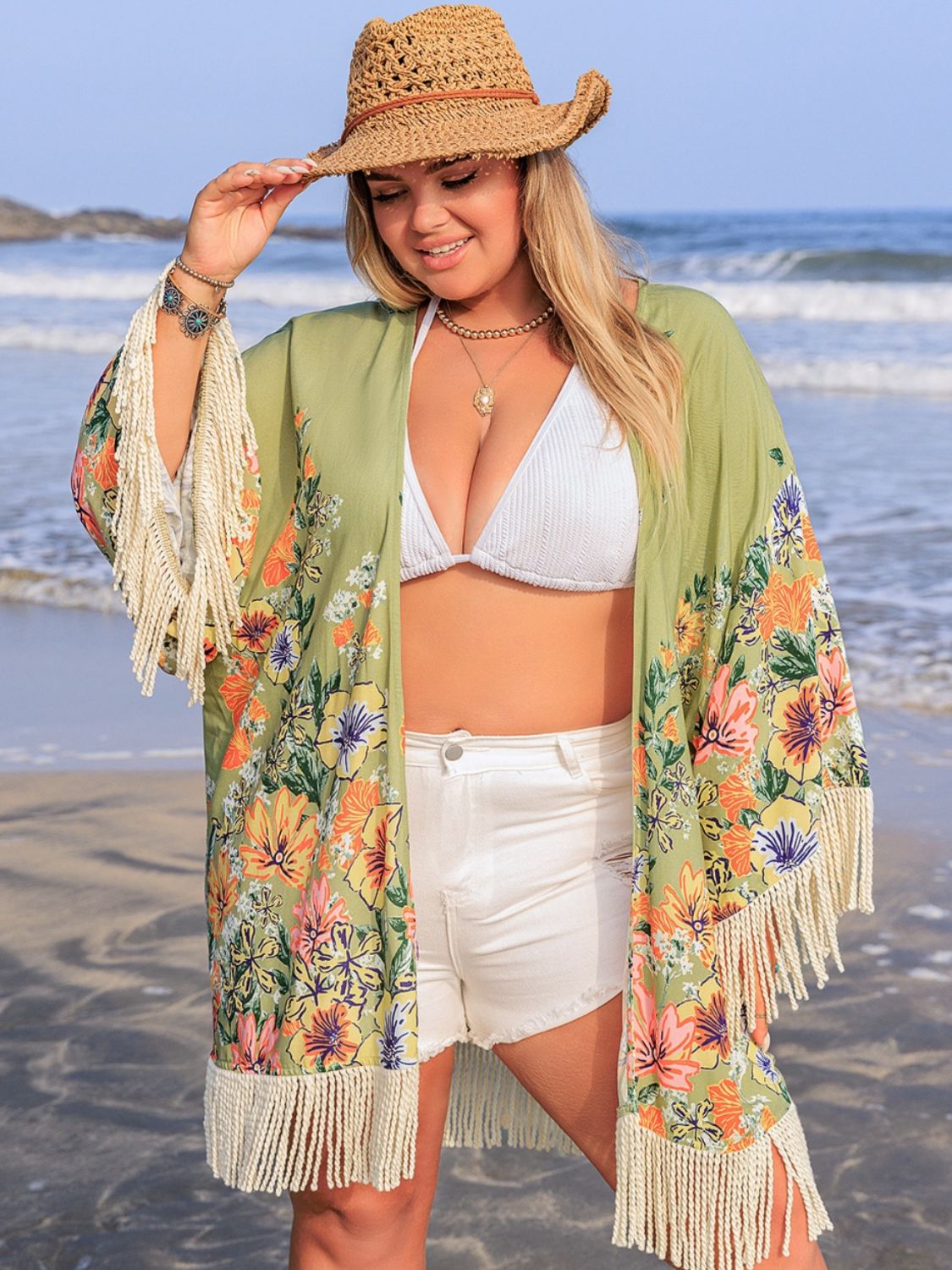 Plus Size Fringe Open Front Cover-Up - XL THRU 4XL - T - 1 COLOR -