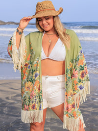 Thumbnail for Plus Size Fringe Open Front Cover-Up - XL THRU 4XL - T - 1 COLOR -