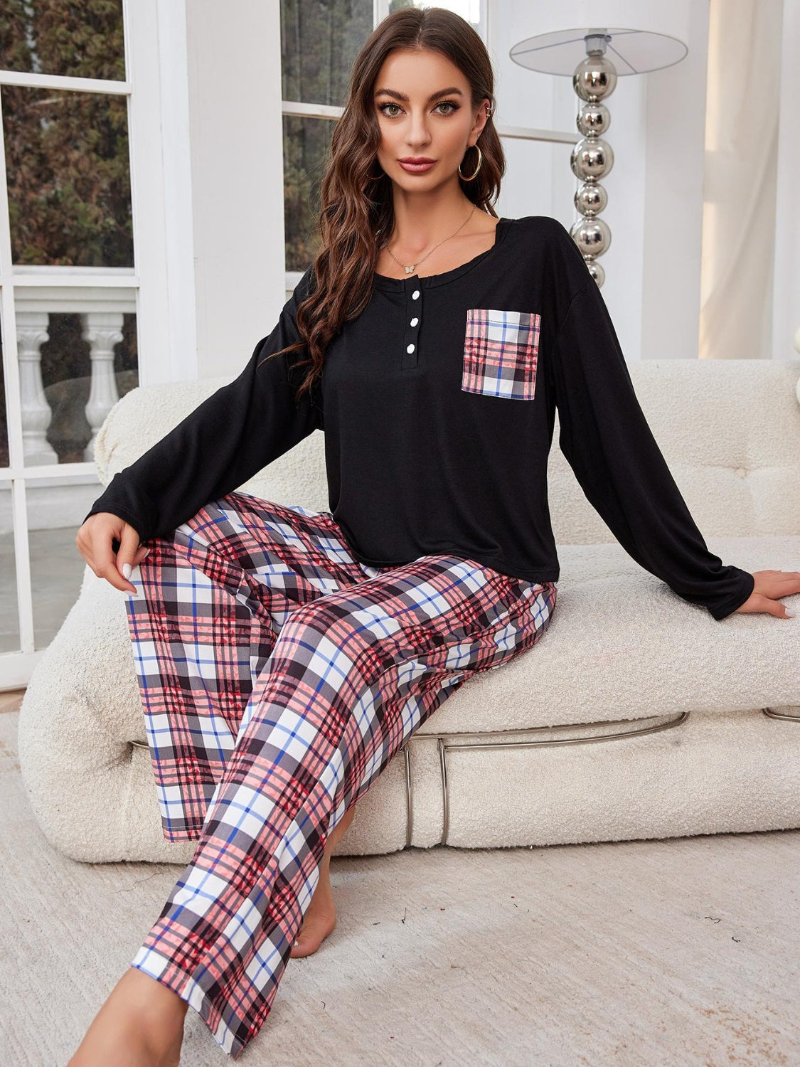 Round Neck Long Sleeve Top and Plaid Pants Lounge Set - 2 PCS. - T - 1 COLOR -