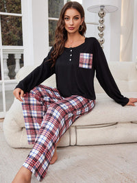 Thumbnail for Round Neck Long Sleeve Top and Plaid Pants Lounge Set - 2 PCS. - T - 1 COLOR -