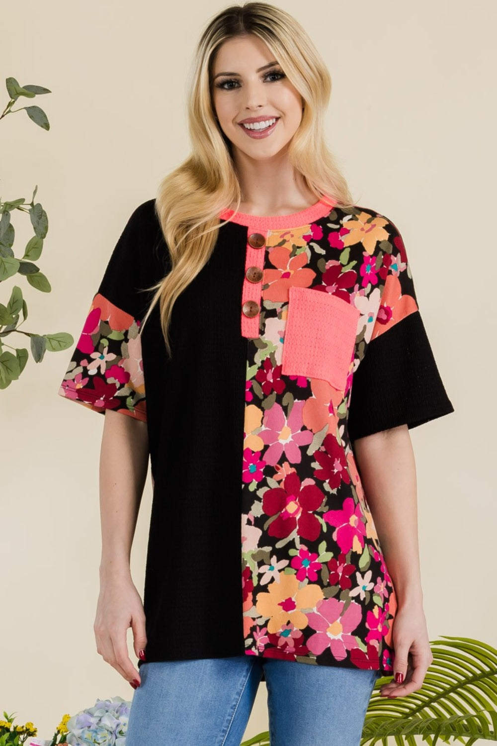 Celeste Full Size Floral Short Sleeve T-Shirt - T - 2 COLORS -