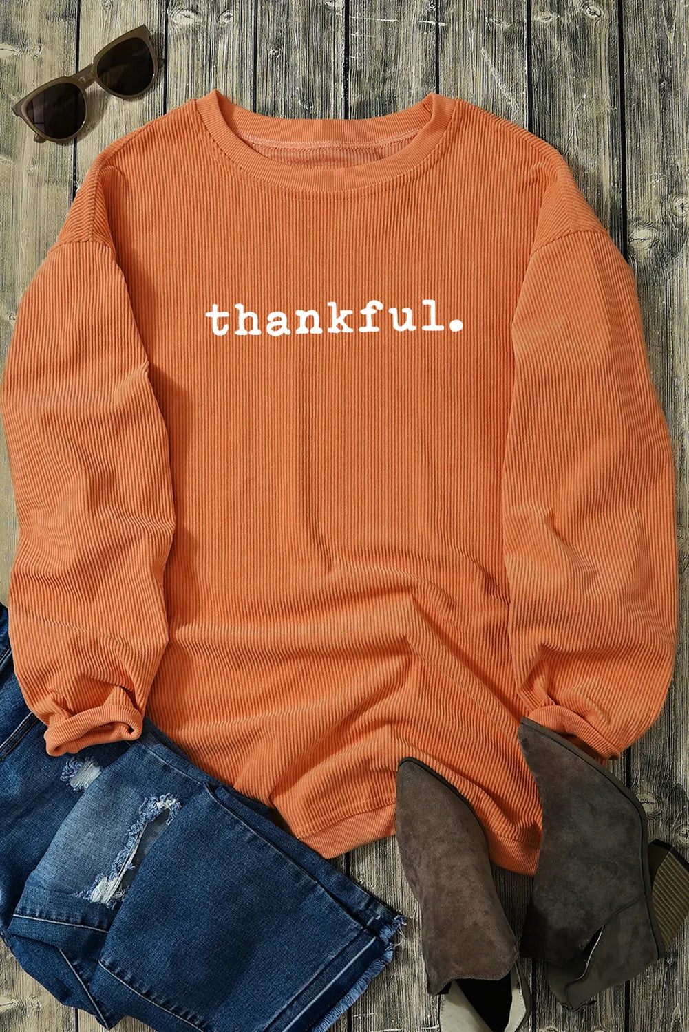 THANKFUL Round Neck Long Sleeve Sweatshirt - T - 1 COLOR -