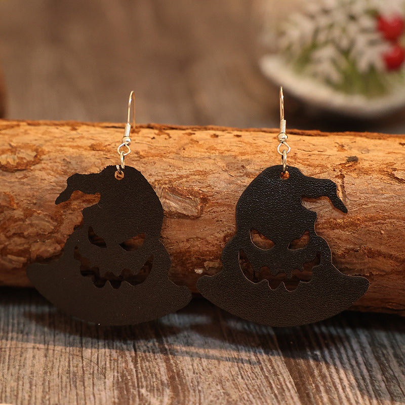 Faux Leather - pumpkin face Hat Shape Earrings - 1 COLOR -