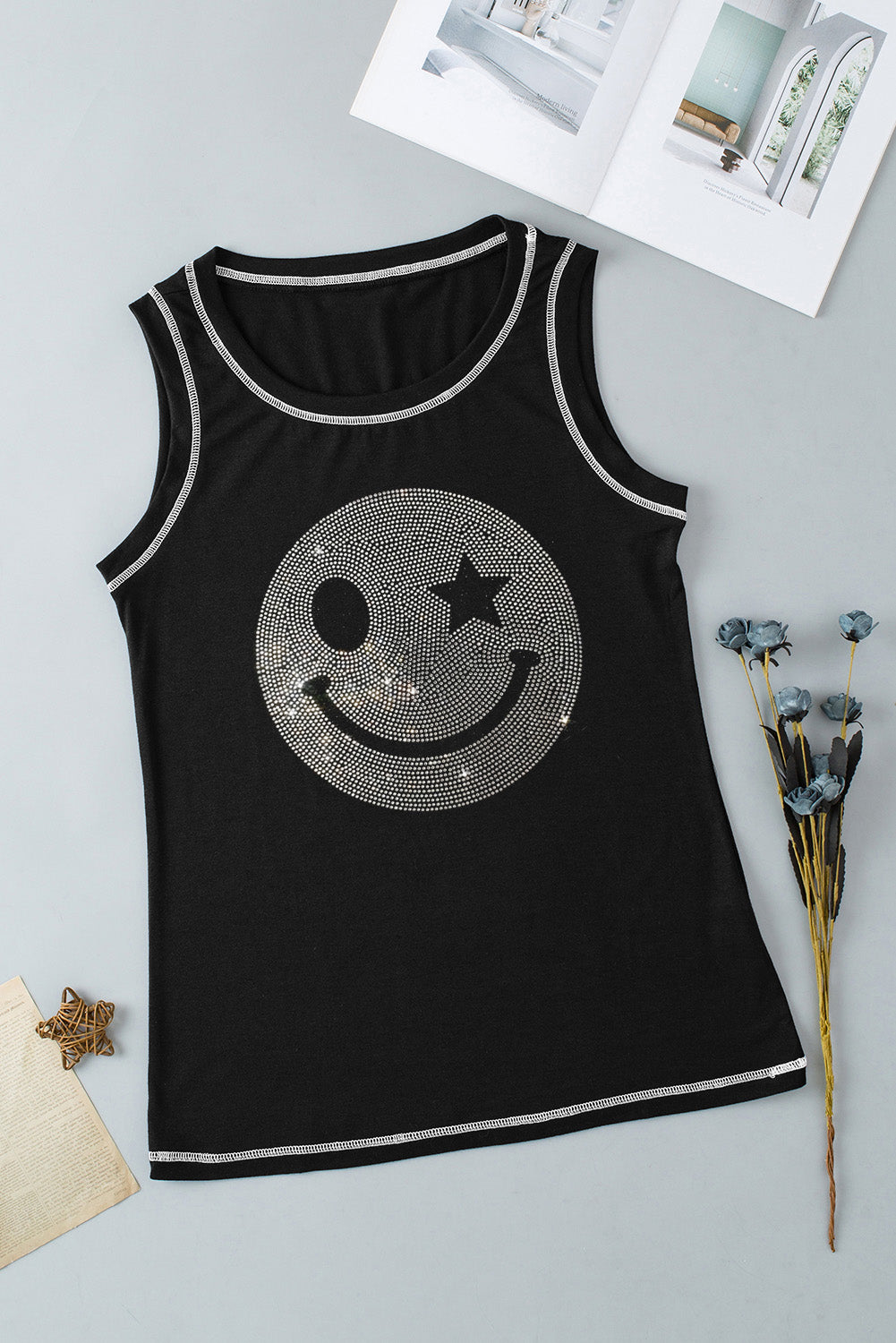 Rhinestone Smile Face Round Neck Tank - T - 1 COLOR -