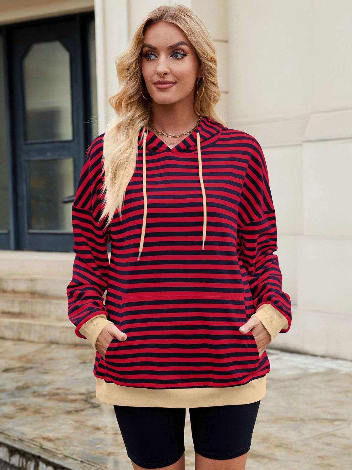 Drawstring Contrast Striped Long Sleeve Hoodie - T - 5 COLORS -