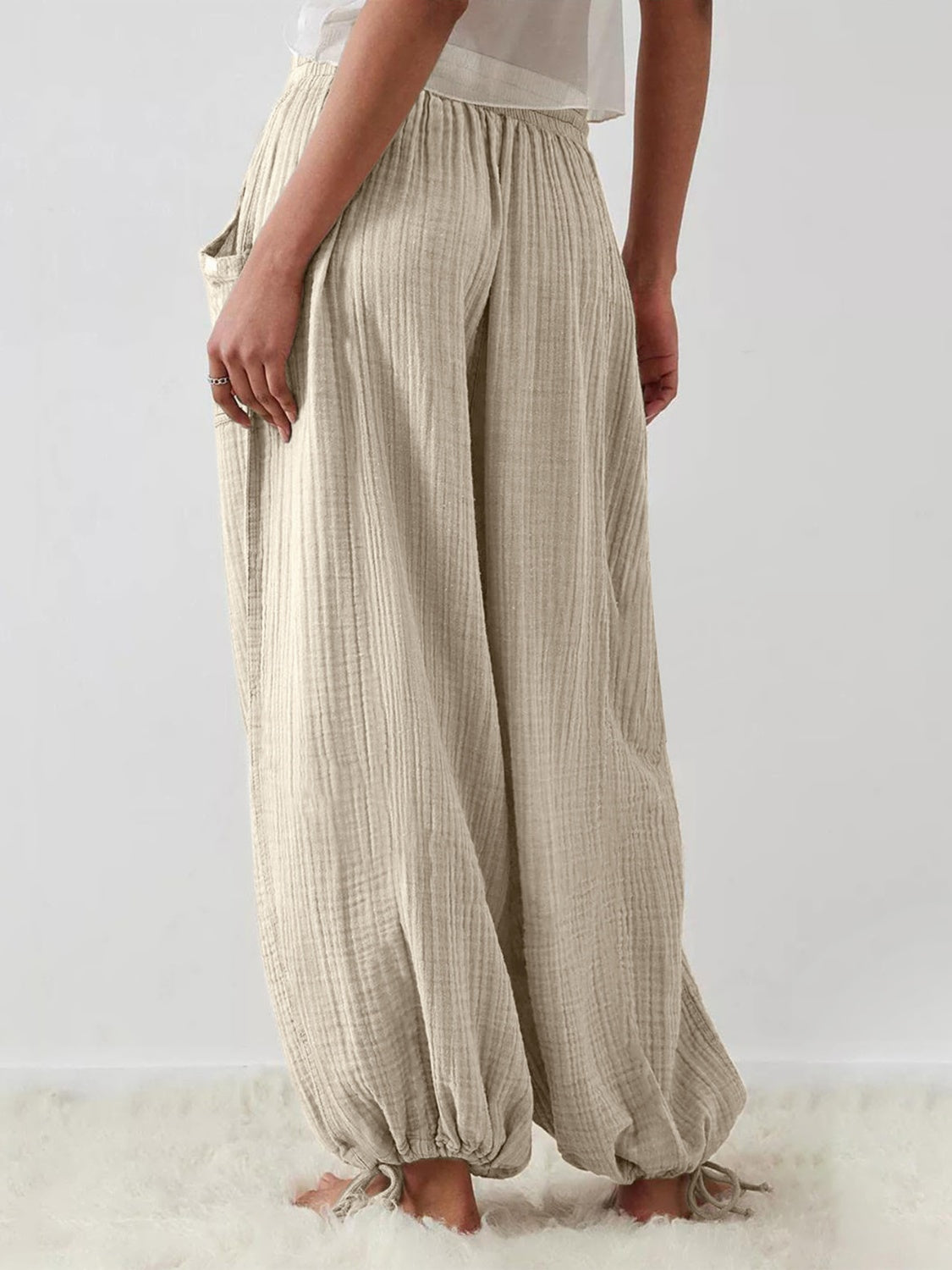 Textured Lounging Tie Pants with Pockets - T - 1 COLOR -