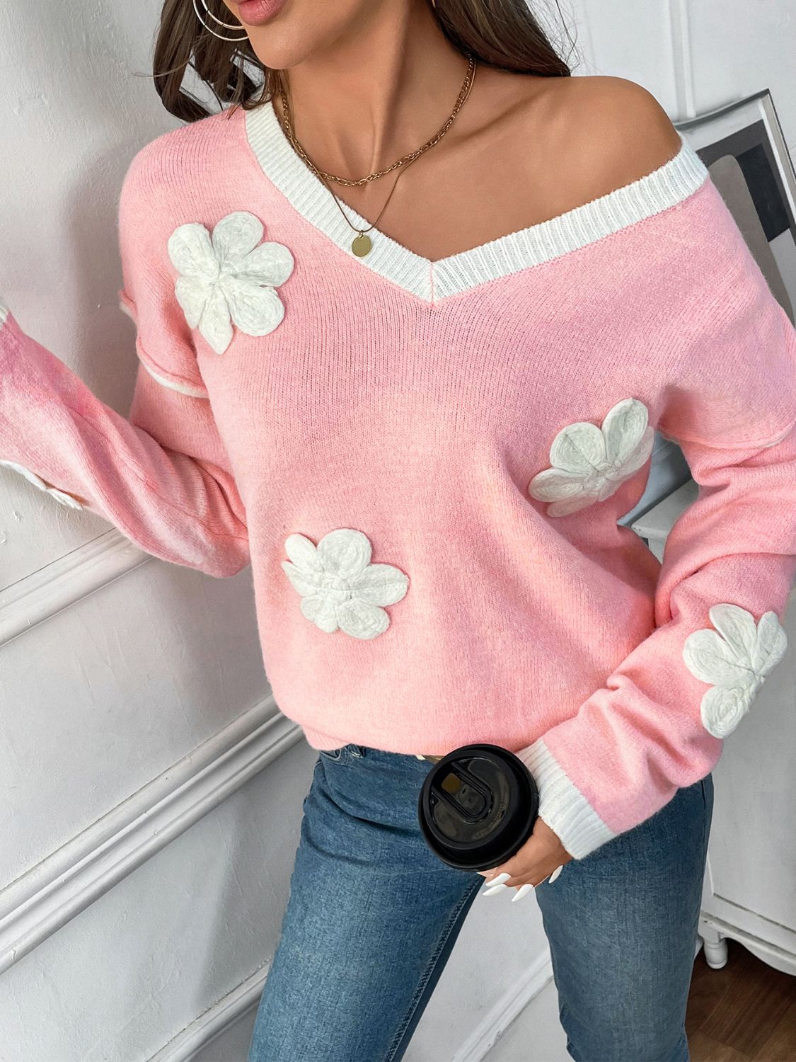 Perfee Flower V-Neck Long Sleeve Sweater - T - 1 COLOR -