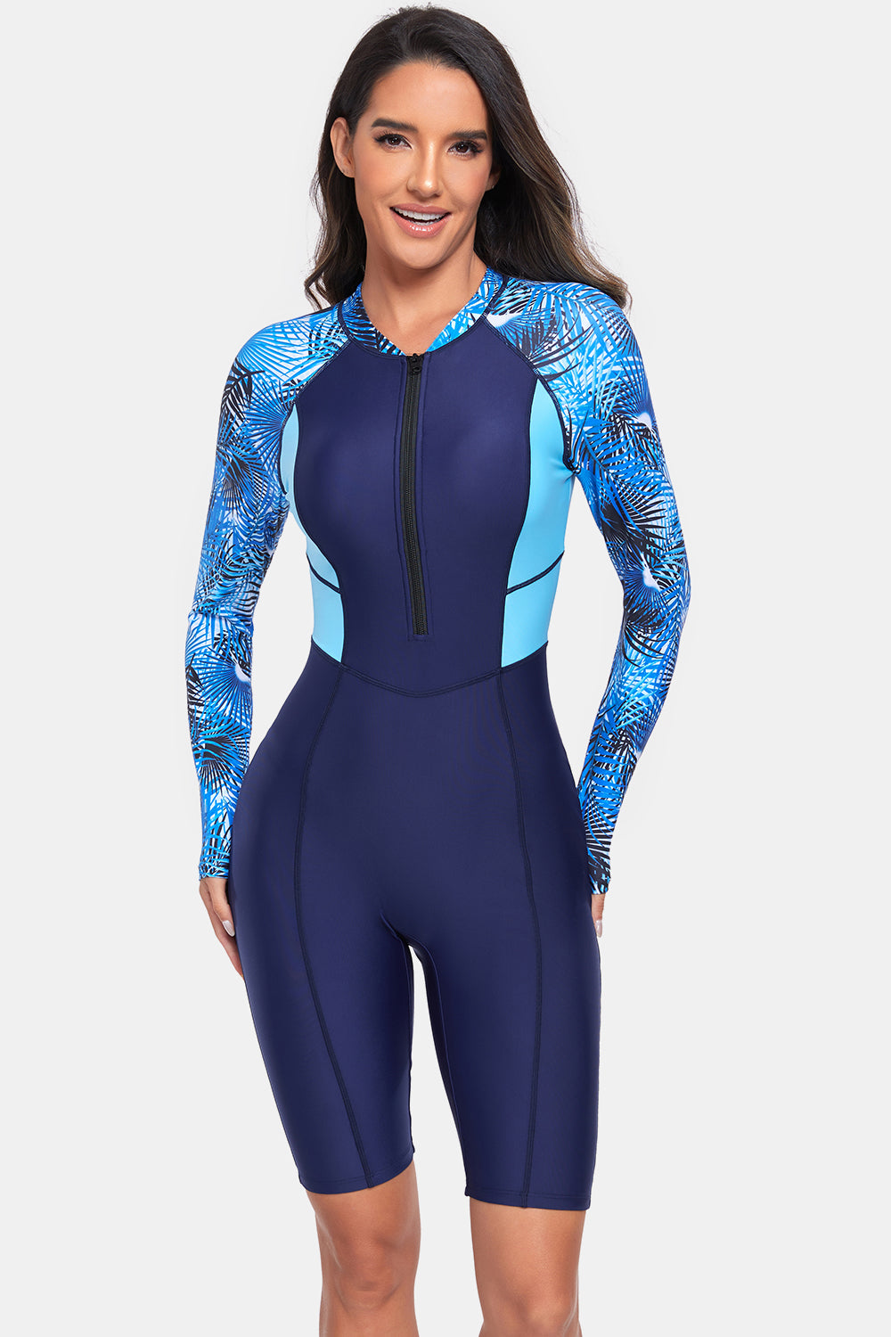 Printed Half Zip Long Sleeve One-Piece Swimwear - T - 1 COLOR -