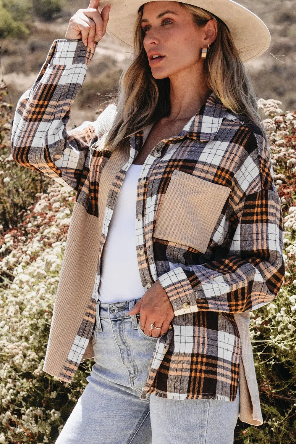 Pocketed Plaid Collared Neck Dropped Shoulder Shacket - T - 1 COLOR -