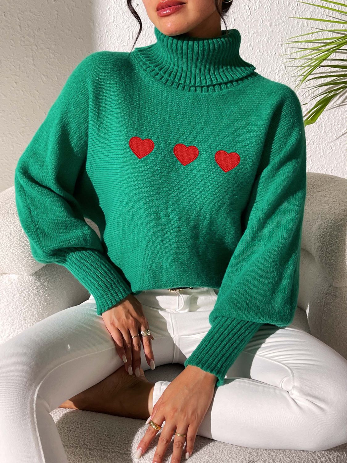 Heart Turtleneck Long Sleeve Sweater - T - 4 COLORS -