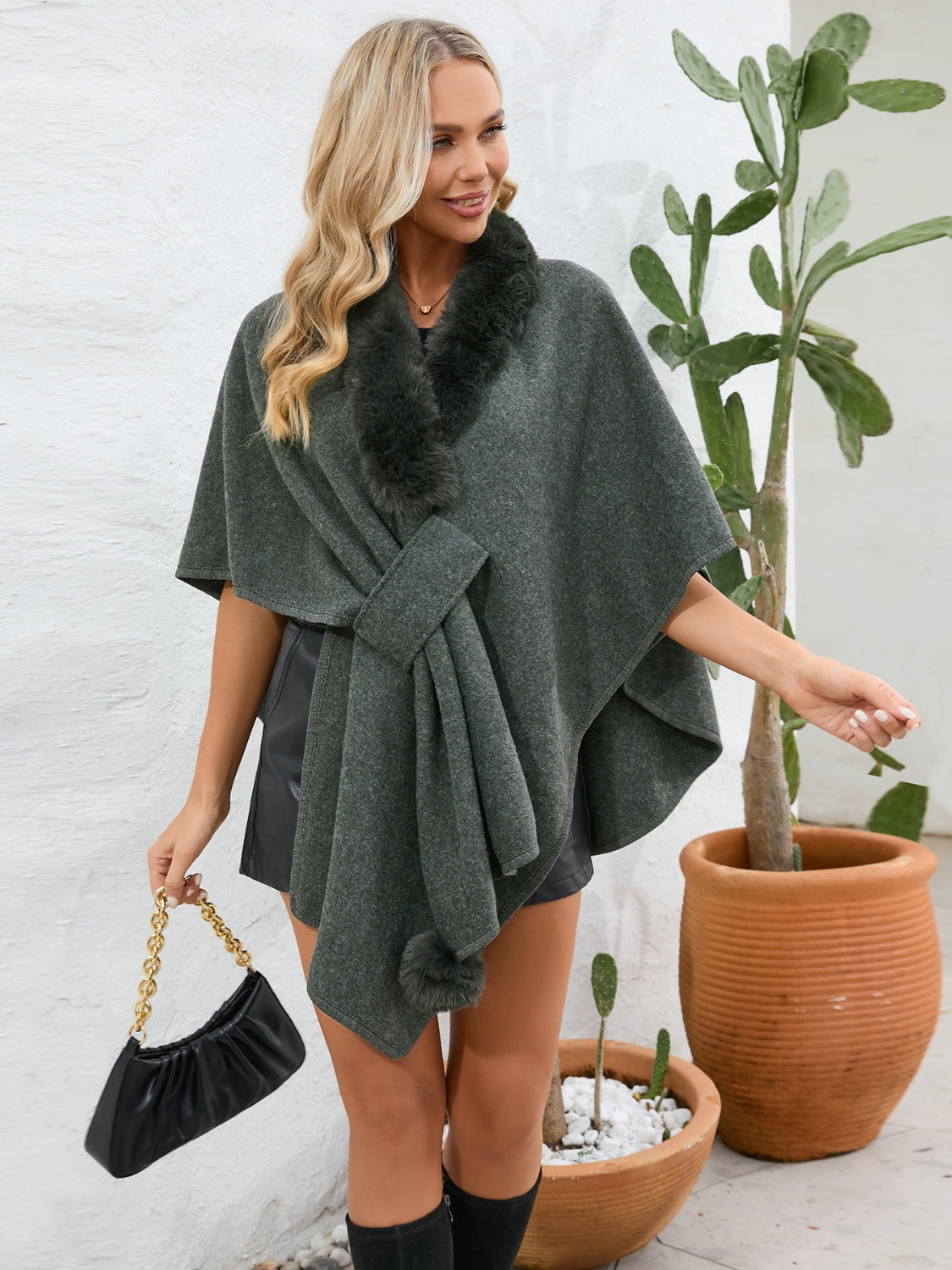 Fuzzy Trim Open Front Poncho - ONE SIZE - T - 6 COLORS -