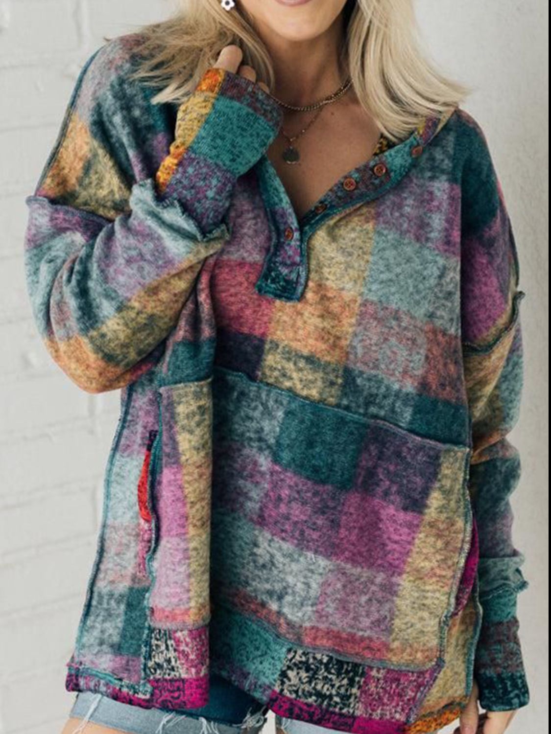 Multicolor Brushed Plaid Buttoned Pullover Oversized Hoodie - T - 1 COLOR -