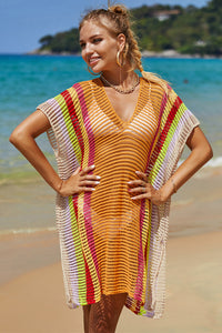 Thumbnail for Openwork Striped Slit Knit Cover Up - 1 SIZE FITS ALL - T - 4 COLORS -