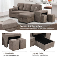 Thumbnail for Reversible Sleeper Sectional Sofa Bed With Side Shelf and 2 Stools,Pull-Out L-Shaped Sofa Bed,Corner Sofa-Bed With Stora