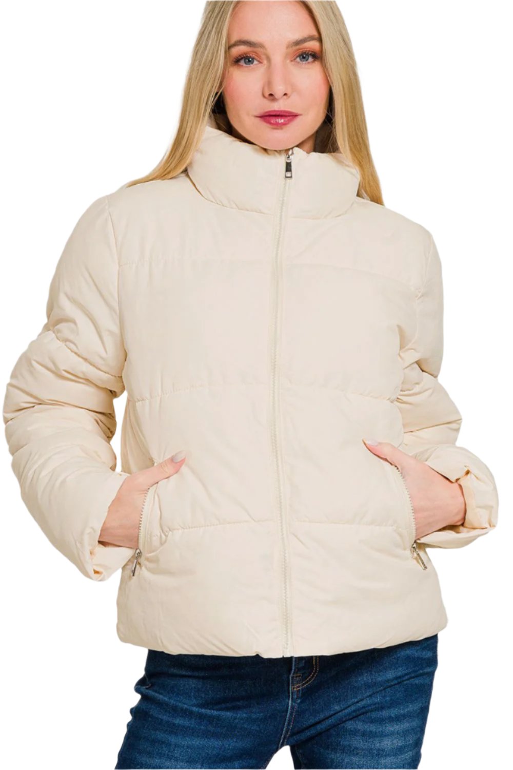 Zenana Zip Up Turtleneck Puffer Jacket with Pockets - T - 1 COLOR -