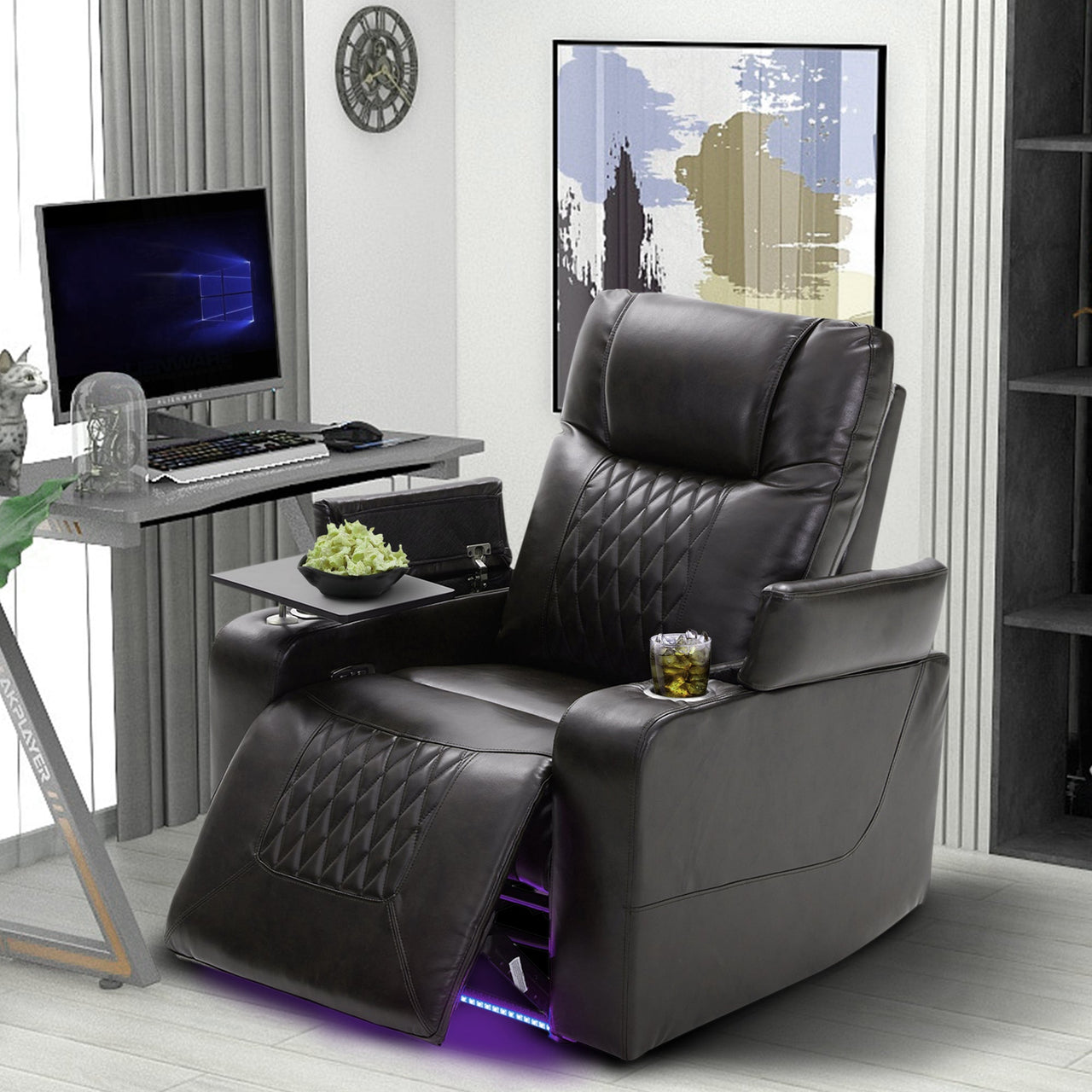 Power Motion Recliner With USB Charging Port and Hidden Arm Storage 2 Convenient Cup Holders Design and 360° Swivel Tray